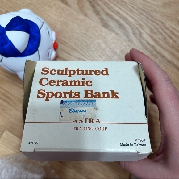 Vintage Soccer Ball Bank Ceramic Astra 1987 Sock it To Em Novelty Blue White - Picture 6 of 7